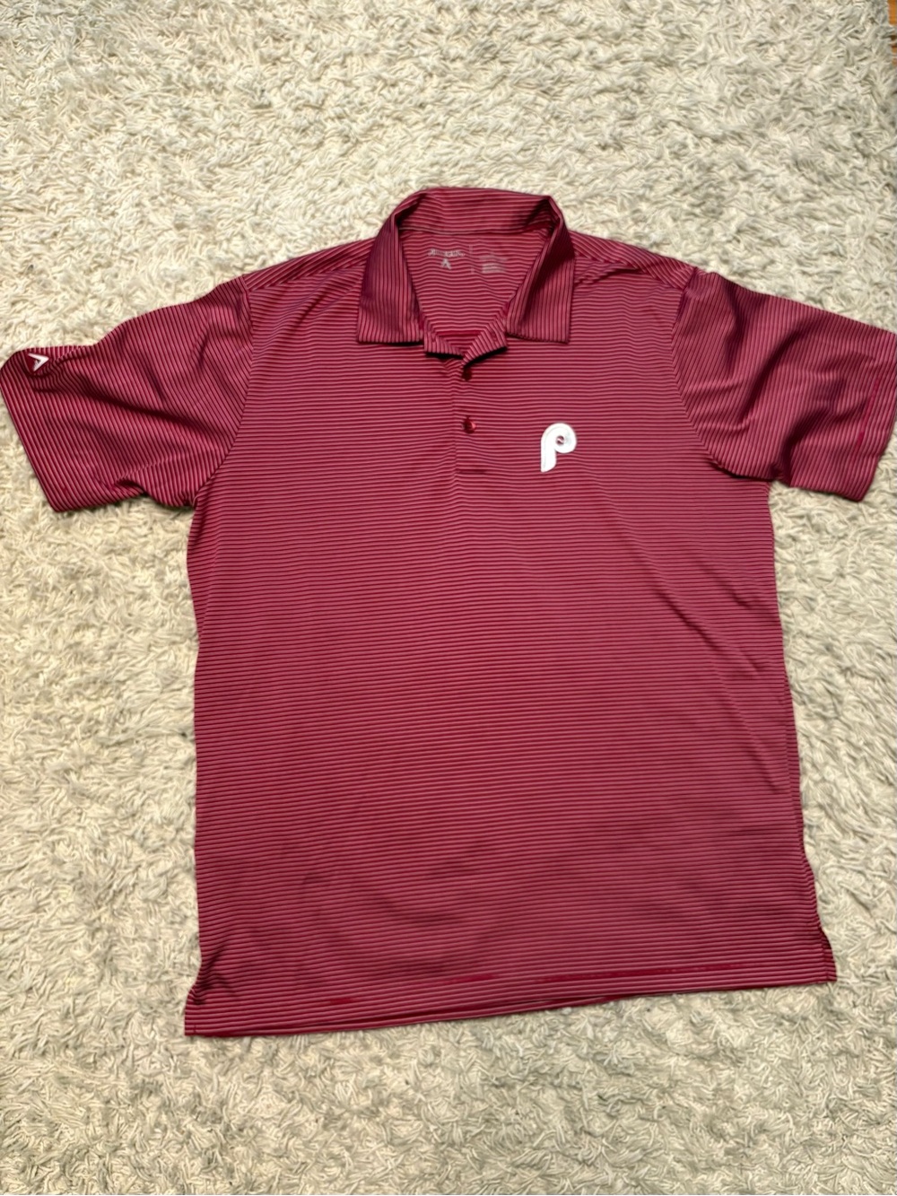 Antigua Maroon Striped Polo with White Phillies 'P' Logo